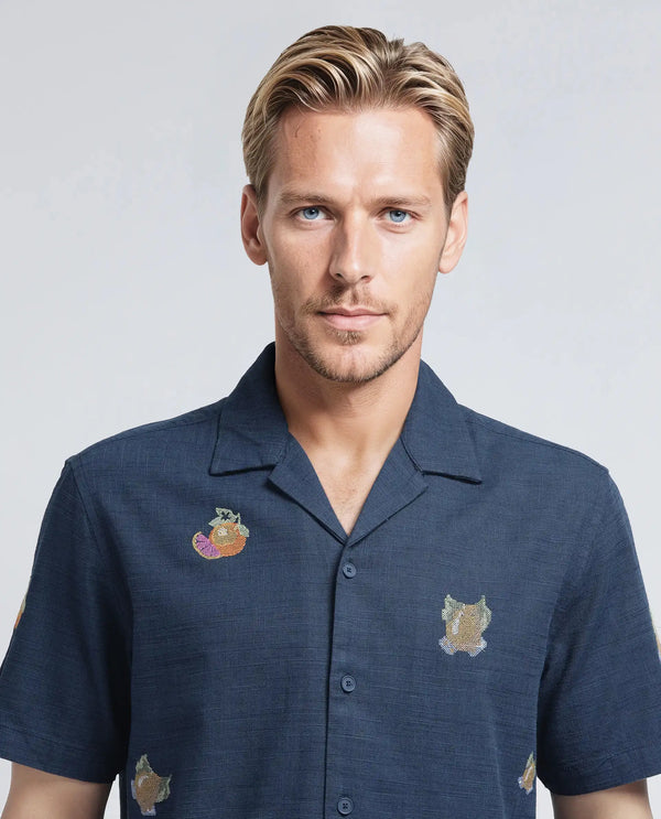 Rare Rabbit Men's Axels Navy Cotton Viscose Fabric Half Sleeve Cuban Collar Relaxed Fit Embroidered Shirt