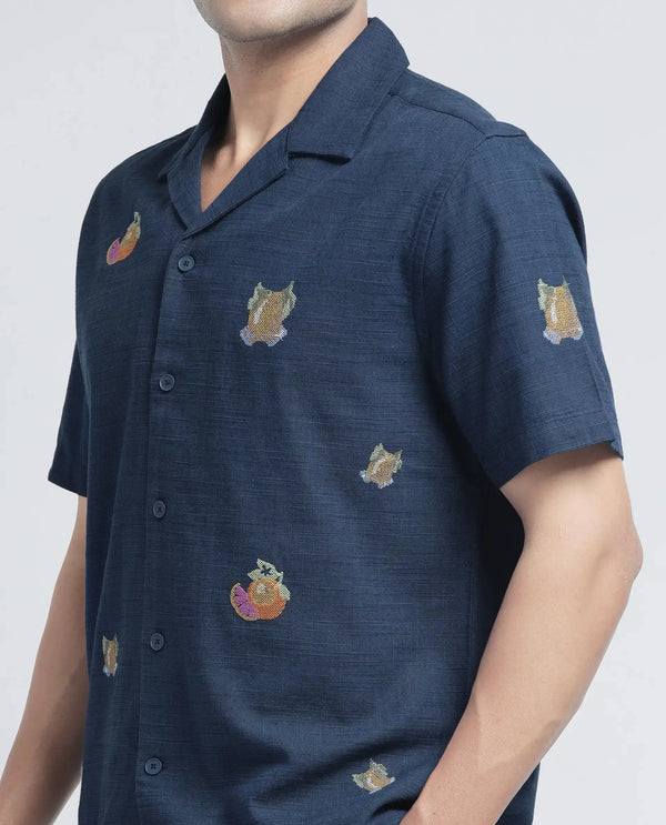 Rare Rabbit Men's Axels Navy Cotton Viscose Fabric Half Sleeve Cuban Collar Relaxed Fit Embroidered Shirt