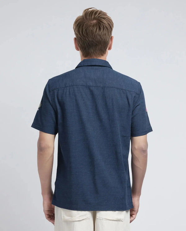 Rare Rabbit Men's Axels Navy Cotton Viscose Fabric Half Sleeve Cuban Collar Relaxed Fit Embroidered Shirt