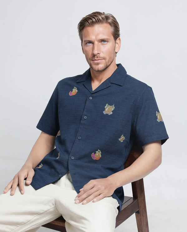 Rare Rabbit Men's Axels Navy Cotton Viscose Fabric Half Sleeve Cuban Collar Relaxed Fit Embroidered Shirt