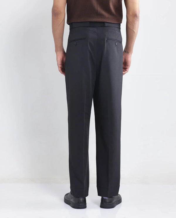 Rare Rabbit Men's Axie Black Cotton Blend Fabric Wide Leg Fit Plain Trouser