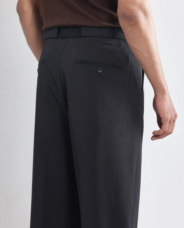 Rare Rabbit Men's Axie Black Cotton Blend Fabric Wide Leg Fit Plain Trouser