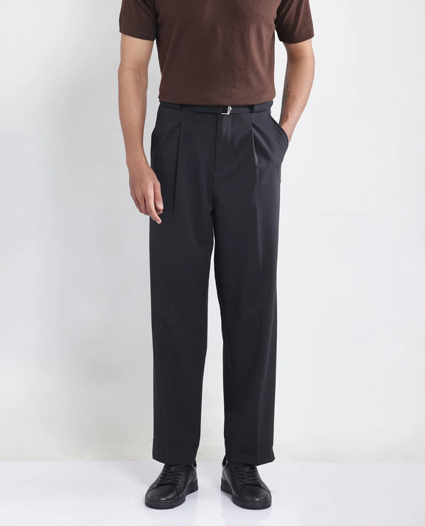 Rare Rabbit Men's Axie Black Cotton Blend Fabric Wide Leg Fit Plain Trouser