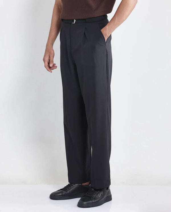 Rare Rabbit Men's Axie Black Cotton Blend Fabric Wide Leg Fit Plain Trouser