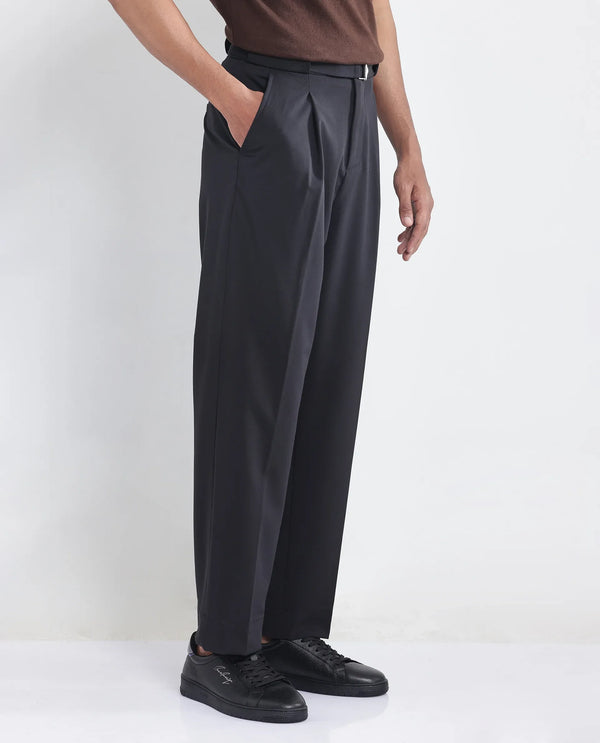 Rare Rabbit Men's Axie Black Cotton Blend Fabric Wide Leg Fit Plain Trouser