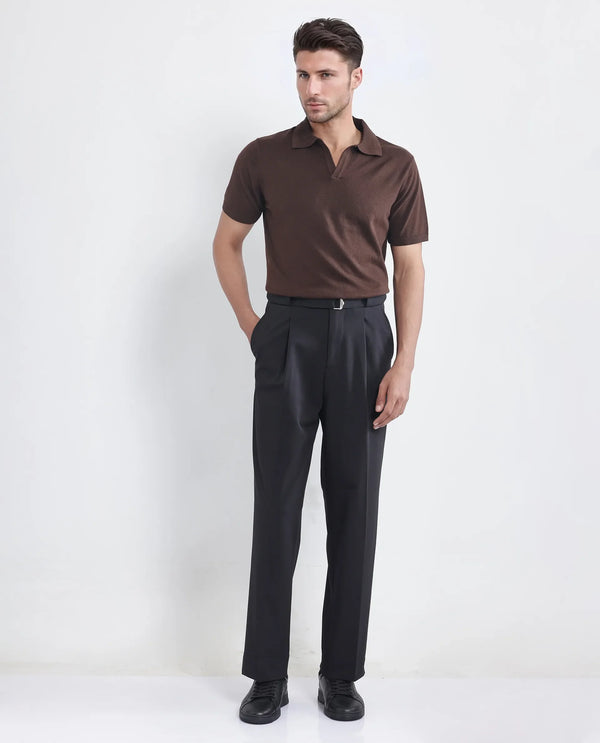 Rare Rabbit Men's Axie Black Cotton Blend Fabric Wide Leg Fit Plain Trouser