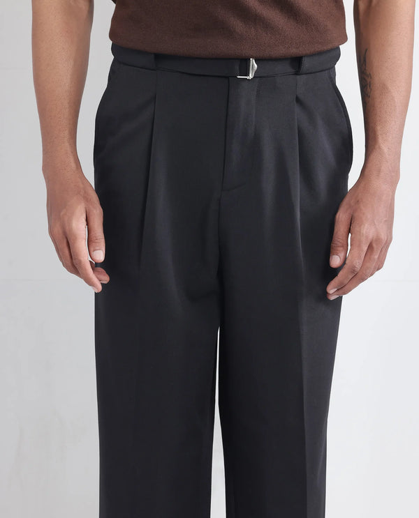 Rare Rabbit Men's Axie Black Cotton Blend Fabric Wide Leg Fit Plain Trouser