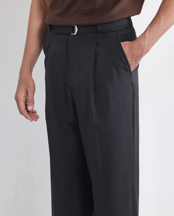 Rare Rabbit Men's Axie Black Cotton Blend Fabric Wide Leg Fit Plain Trouser