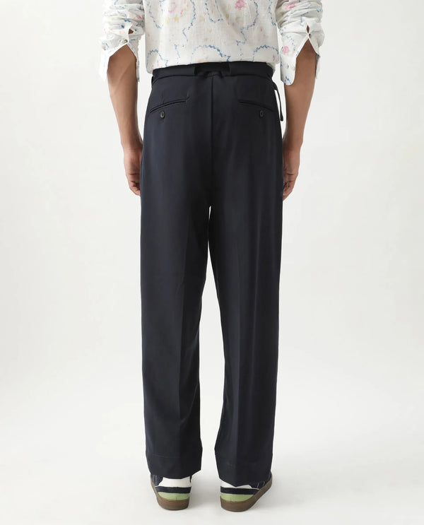 Rare Rabbit Men's Axie Navy Cotton Blend Fabric Wide Leg Fit Plain Trouser