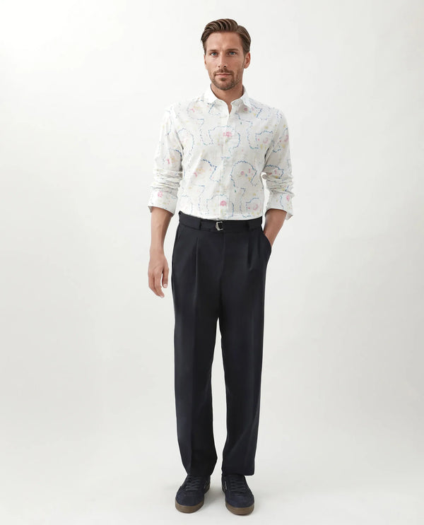 Rare Rabbit Men's Axie Navy Cotton Blend Fabric Wide Leg Fit Plain Trouser