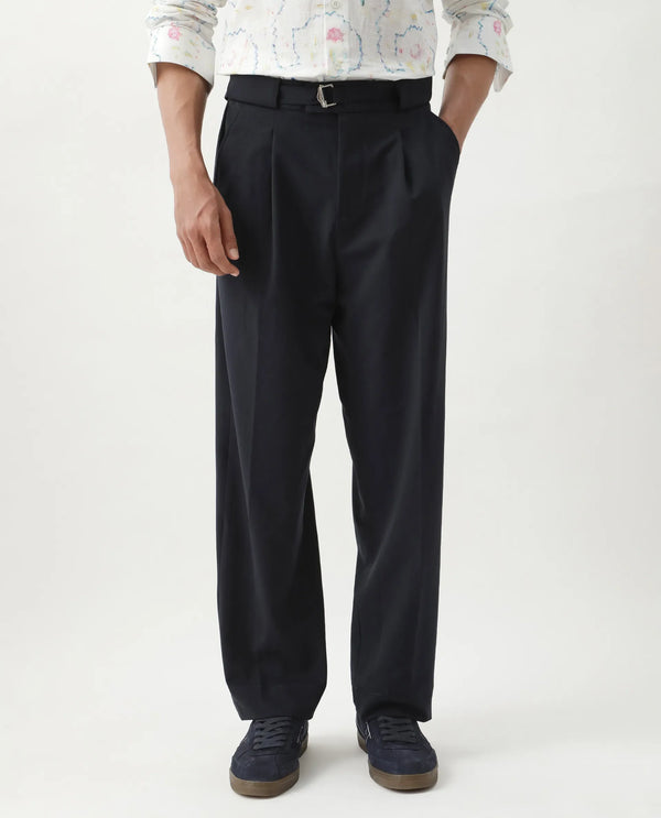 Rare Rabbit Men's Axie Navy Cotton Blend Fabric Wide Leg Fit Plain Trouser