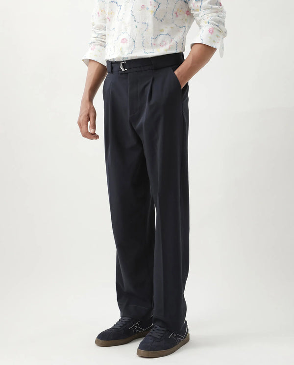 Rare Rabbit Men's Axie Navy Cotton Blend Fabric Wide Leg Fit Plain Trouser
