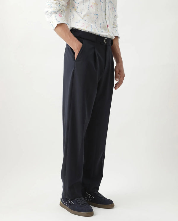Rare Rabbit Men's Axie Navy Cotton Blend Fabric Wide Leg Fit Plain Trouser