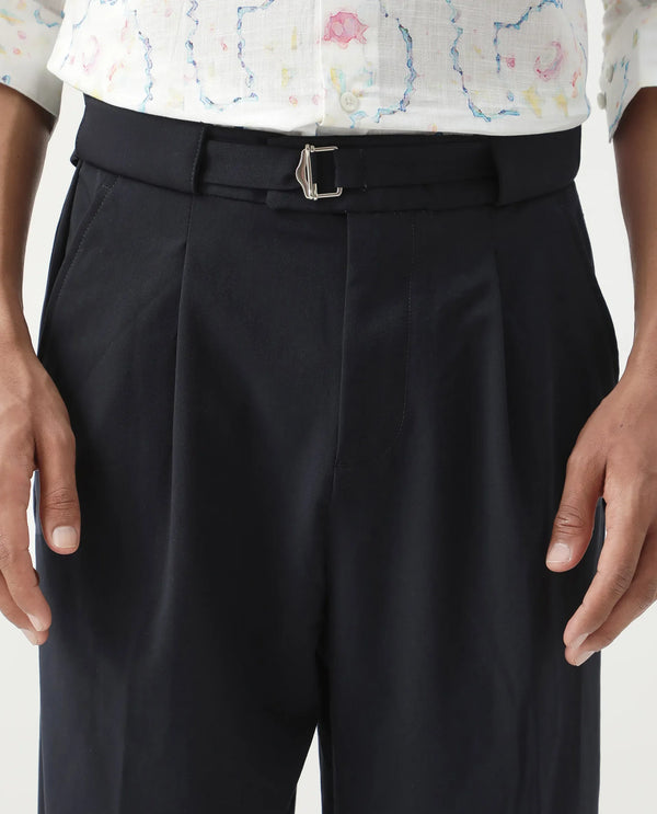 Rare Rabbit Men's Axie Navy Cotton Blend Fabric Wide Leg Fit Plain Trouser