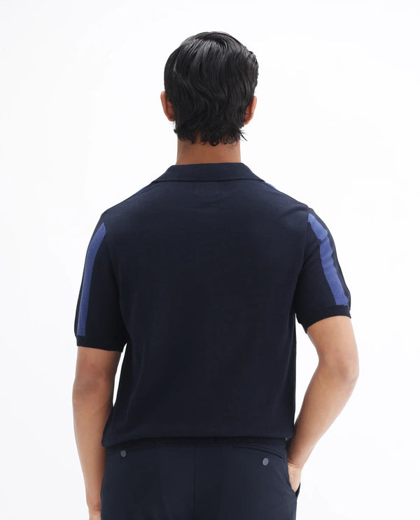 Rare Rabbit Men Axton Navy Pure Cotton Short Sleeve Regular Collar Neck Striped Polo