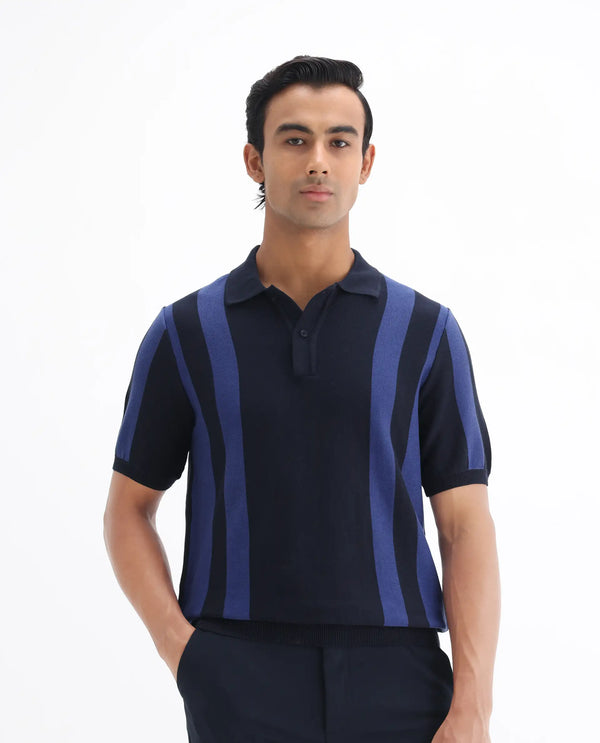 Rare Rabbit Men Axton Navy Pure Cotton Short Sleeve Regular Collar Neck Striped Polo