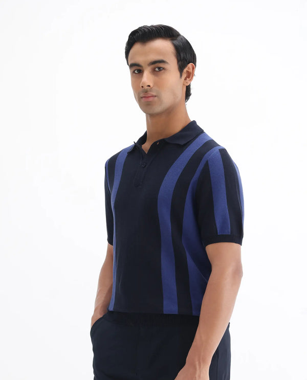 Rare Rabbit Men Axton Navy Pure Cotton Short Sleeve Regular Collar Neck Striped Polo