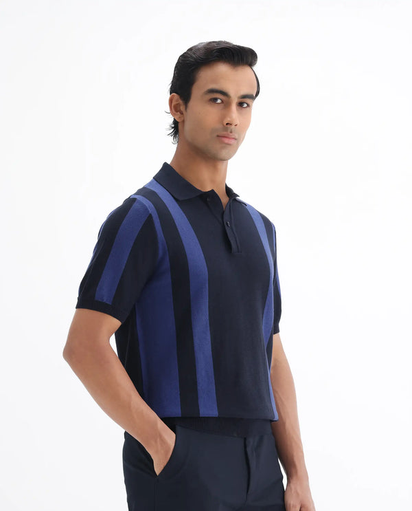 Rare Rabbit Men Axton Navy Pure Cotton Short Sleeve Regular Collar Neck Striped Polo
