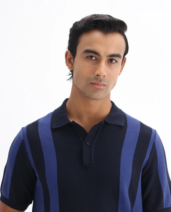 Rare Rabbit Men Axton Navy Pure Cotton Short Sleeve Regular Collar Neck Striped Polo