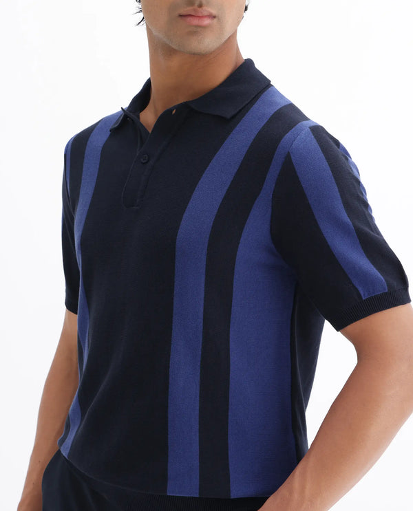 Rare Rabbit Men Axton Navy Pure Cotton Short Sleeve Regular Collar Neck Striped Polo