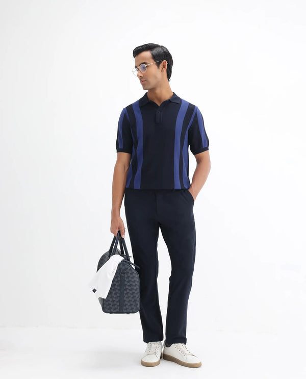 Rare Rabbit Men Axton Navy Pure Cotton Short Sleeve Regular Collar Neck Striped Polo