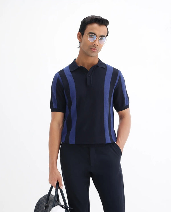 Rare Rabbit Men Axton Navy Pure Cotton Short Sleeve Regular Collar Neck Striped Polo