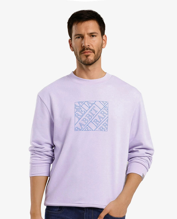Rare Rabbit Men's Axton Pastel Purple Cotton Blend Fabric Full Sleeve Crew Neck Regular Fit HD Print Sweatshirt