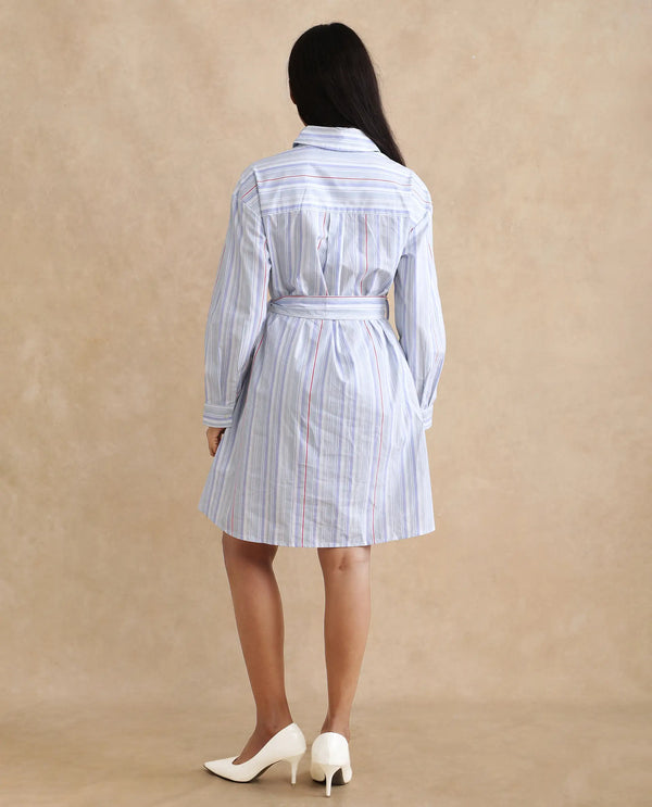 Rareism Women's Aydal Light Blue  Drop Collar Button Closure Cuffed Sleeve Striped  Mini Dress