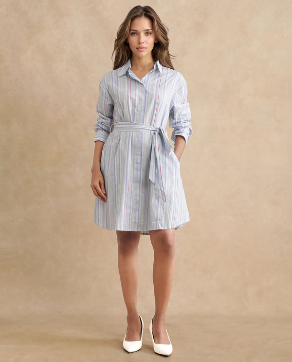Rareism Women's Aydal Light Blue  Drop Collar Button Closure Cuffed Sleeve Striped  Mini Dress