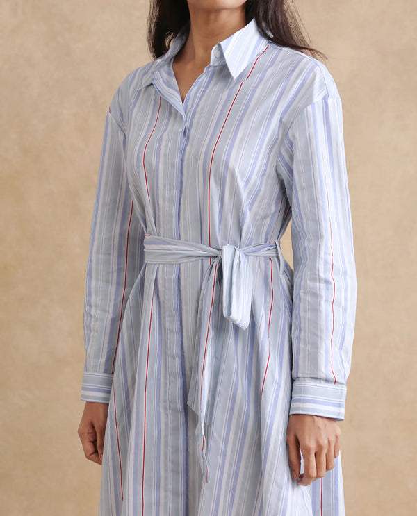 Rareism Women's Aydal Light Blue  Drop Collar Button Closure Cuffed Sleeve Striped  Mini Dress