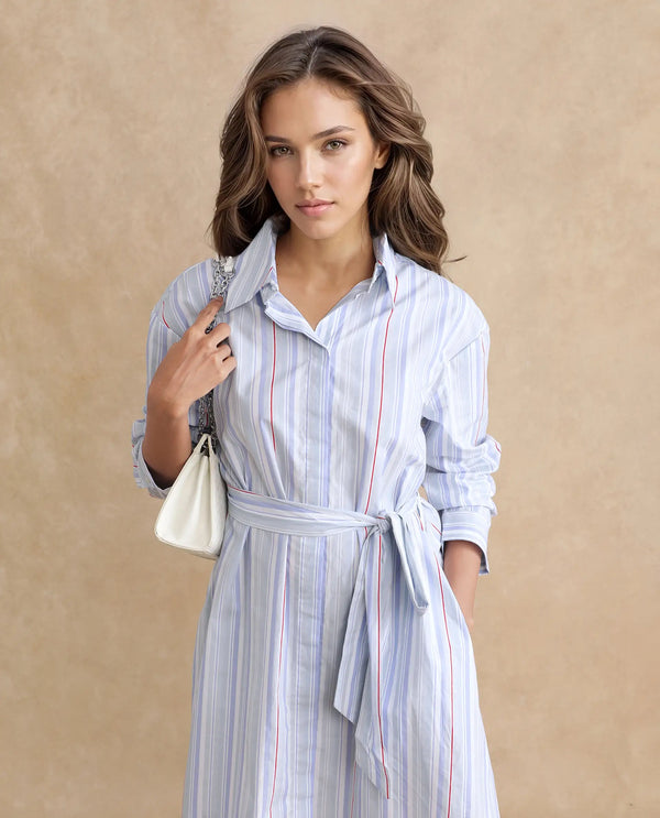 Rareism Women's Aydal Light Blue  Drop Collar Button Closure Cuffed Sleeve Striped  Mini Dress