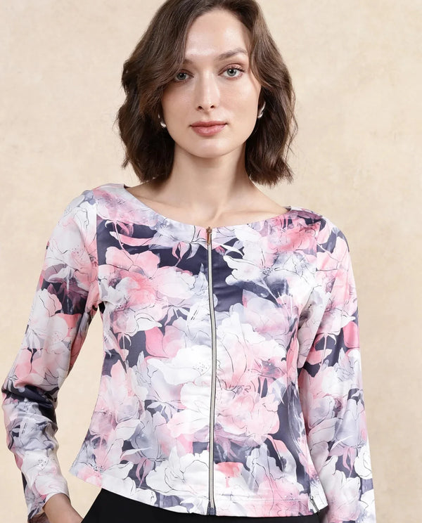 Rareism Women Aydino Multi Satin Full Sleeve Round Neck Zipper Closure Cropped Floral Print Top