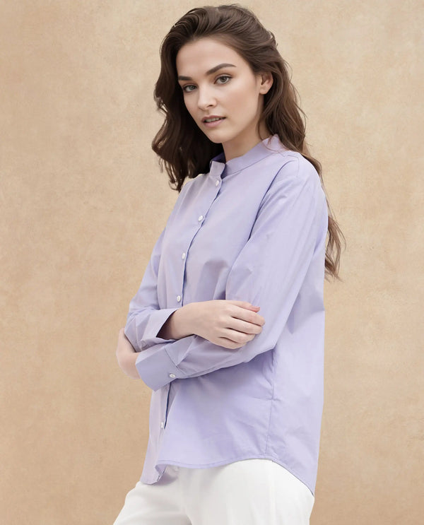 Rareism Women Aytac Light Purple Cotton Fabric Mandarin Collar Solid Shirt