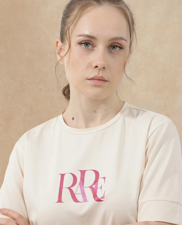 Rareism Women Azel Light Beige Cotton Elastane Fabric Crew Neck Knit Solid T-Shirt