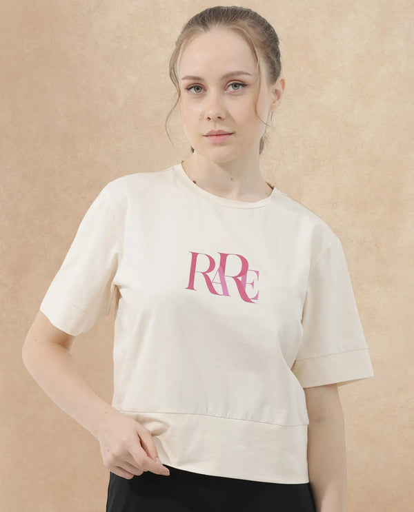 Rareism Women Azel Light Beige Cotton Elastane Fabric Crew Neck Knit Solid T-Shirt