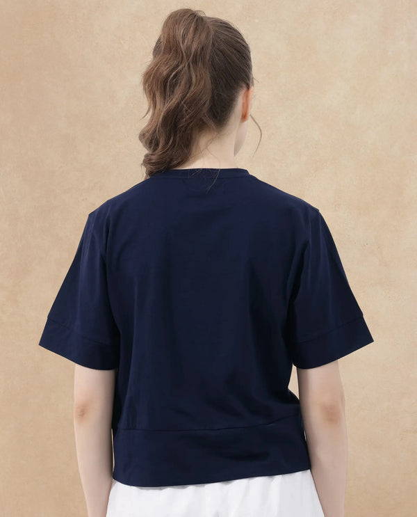 Rareism Women Azel Dark Navy Cotton Elastane Fabric Crew Neck Knit Solid T-Shirt