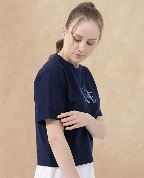 Rareism Women Azel Dark Navy Cotton Elastane Fabric Crew Neck Knit Solid T-Shirt