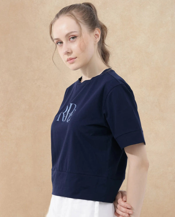 Rareism Women Azel Dark Navy Cotton Elastane Fabric Crew Neck Knit Solid T-Shirt