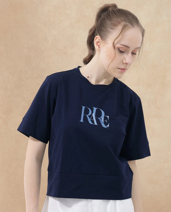 Rareism Women Azel Dark Navy Cotton Elastane Fabric Crew Neck Knit Solid T-Shirt