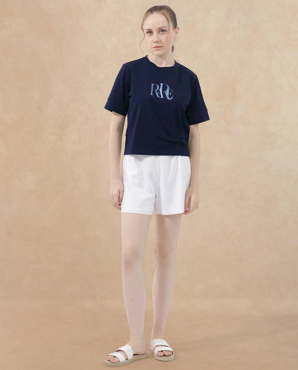 Rareism Women Azel Dark Navy Cotton Elastane Fabric Crew Neck Knit Solid T-Shirt