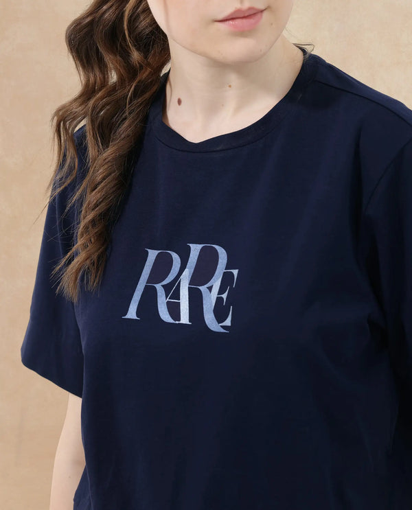 Rareism Women Azel Dark Navy Cotton Elastane Fabric Crew Neck Knit Solid T-Shirt