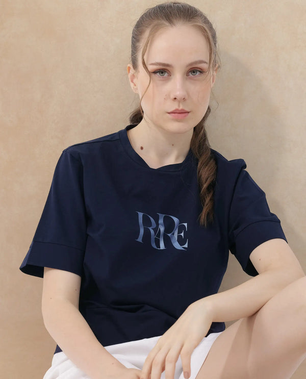 Rareism Women Azel Dark Navy Cotton Elastane Fabric Crew Neck Knit Solid T-Shirt