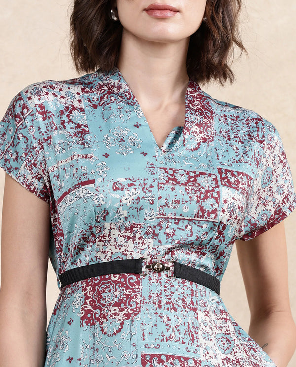 Rareism Women Azerb Light Multi Satin Extended Sleeves V-Neck A-Line Midi Bandana Print Dress