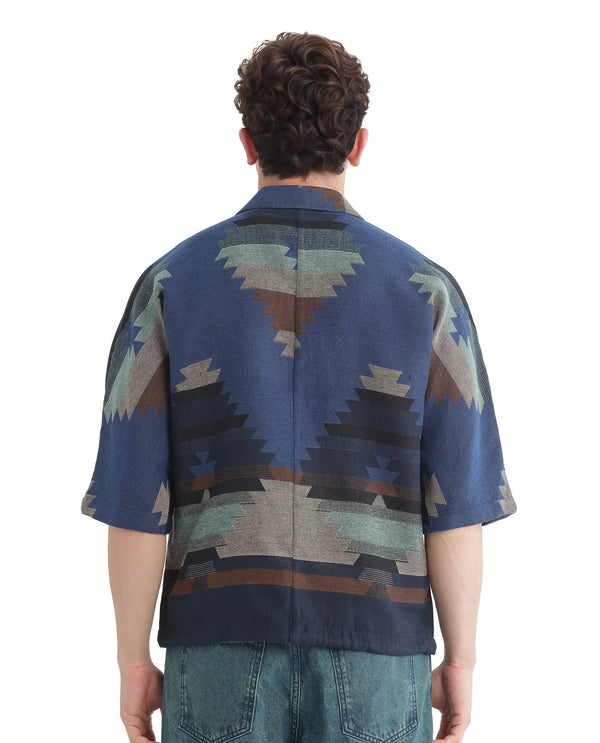 Rare Rabbit Men's Azlo Dark Navy Cotton Fabric Short Sleeve Regular Collared Button Closure Boxy Fit Jacquard Shirt