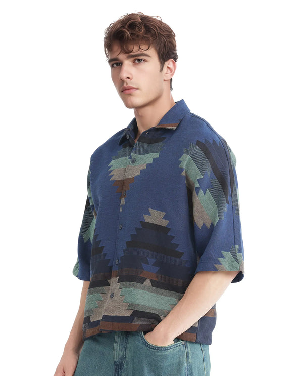 Rare Rabbit Men's Azlo Dark Navy Cotton Fabric Short Sleeve Regular Collared Button Closure Boxy Fit Jacquard Shirt