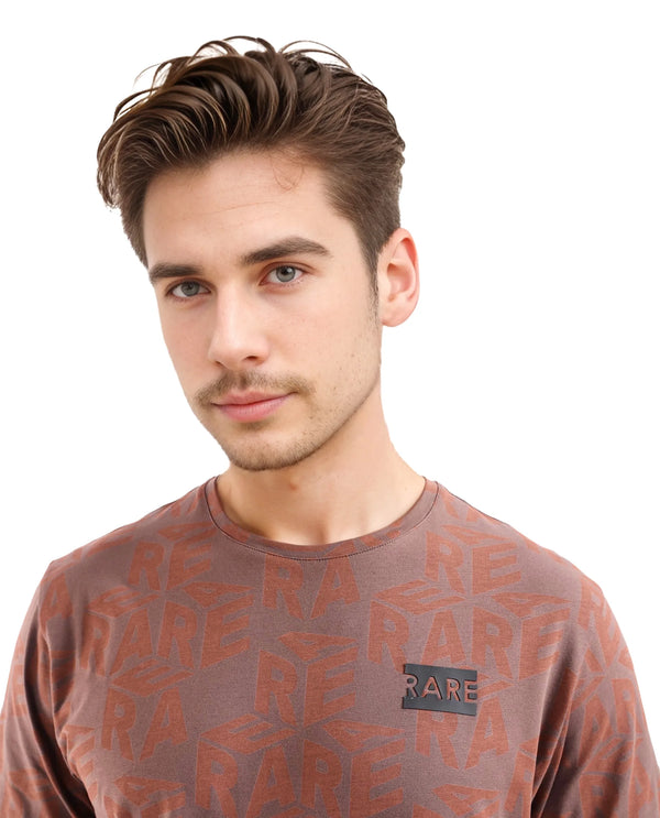 Rare Rabbit Men Azo Dark Brown Short Sleeve Crew Neck Branded Graphic Print T-Shirt