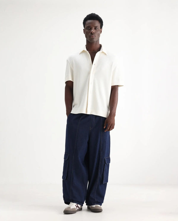 Rare Rabbit Men's Azort Blue Cotton Fabric Button And Zip Closure Baggy Fit Plain Jeans