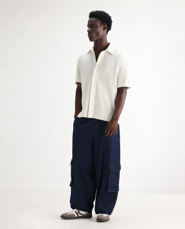 Rare Rabbit Men's Azort Blue Cotton Fabric Button And Zip Closure Baggy Fit Plain Jeans