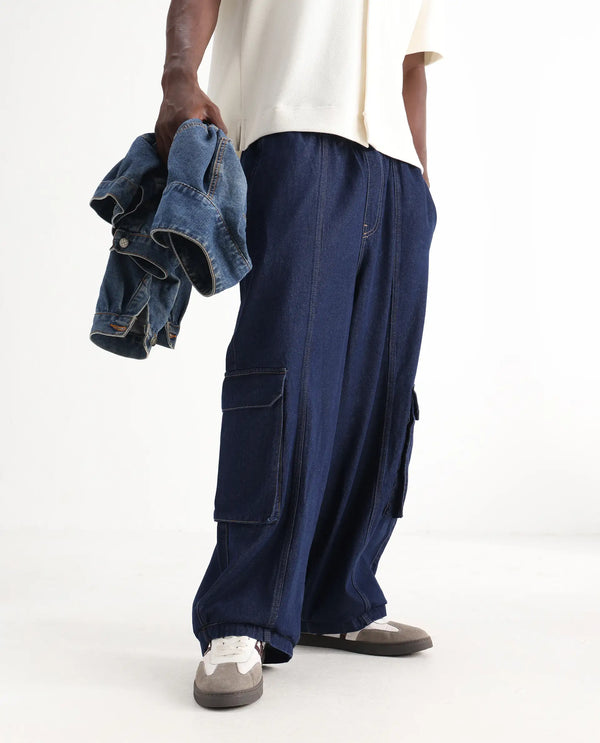 Rare Rabbit Men's Azort Blue Cotton Fabric Button And Zip Closure Baggy Fit Plain Jeans