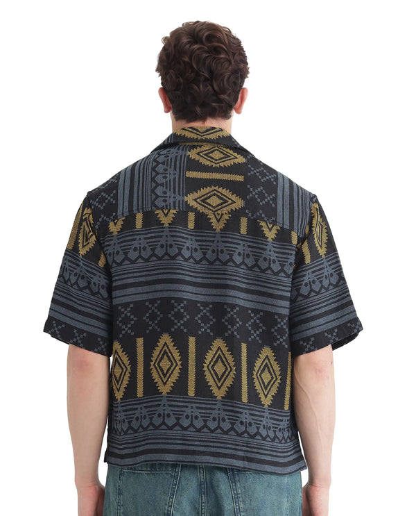 Rare Rabbit Men's Aztek Teal Cotton Fabric Short Sleeve Collared Neck Button Closure Printed Shirt